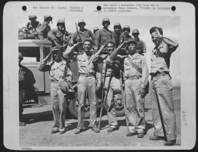 General > The Former Jap Prisoners Walked And Hitch-Hiked A Distance Of 550 Miles From A Camp Near Kobe To Atsugi Airdrome.  Total Time Was About 22 Hours.  They Were Taken Prisoner At Corregidor 26 November 1942. Left To Right: Pfc. William Sutherland Of Clentinwo
