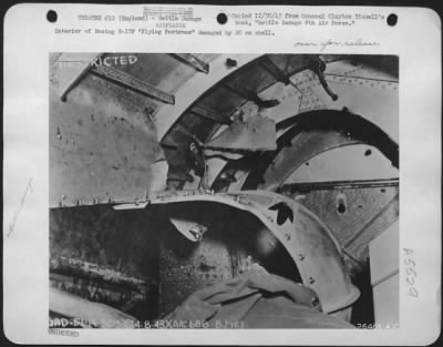 Battle Damage > Interior of Boeing B-17F "Flying ofrtress" damaged by 20 mm shell.
