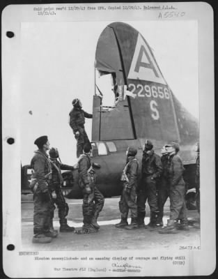 Battle Damage > Mission accomplished-and an amazing display of courage and flying skill by 2nd Lt. William Elliot of the U.S. 8th Air force-from Ponca, Okla. He brought his battered Flying ofrtress (Boeing B-17) back from Bremen to land in England with half