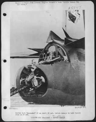 Battle Damage > Martin B-26 "Marauder" 20 mm shell 30 cal. Bullet damage to tail turret from an FW 190.
