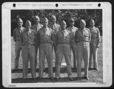 Thumbnail for Ceremonies & Decorations > Front Row Lieut. Col. John A. Hilger Major Charles Ross Greening Lieut. Thomas Robert White Lieut. Donald G. Smith Back Row Lieut. Dean Davenport Lieut. W.R. Pound, Jr. Lieut. William M. Bower Lieut. James H. Marcia, Jr. Lieut. Denver Vernon Truelove