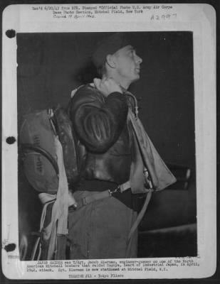 General > Japan Raider Was T/Sgt. Jacob Eierman, Engineer-Gunner On One Of The North American Mitchell Bombers That Raided Nagoya, Heart Of Industrial Japan, In April, 1942, Attack.  Sgt. Eierman Is Now Stationed At Mitchel Field, N.Y.