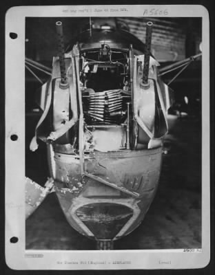 Battle Damage > Consolidated B-24 Liberator "Strictly Instrumental" returned from an attack with nose badly damaged, but miraculously no crew members killed or injured.