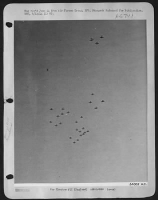 Boeing > First authentic photo of formations of Boeing B-17 Flying ofrtresses from 8th AF heavy bomber station in England massing for flight at dawn for D-Day bombing mission.