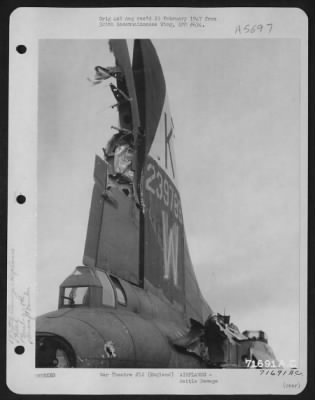 Battle Damage > The Tail Section Of The Boeing B-17 "Flying Fortress" (A/C No. 239789) Was Damaged By Enemy Flak During A Mission Flown Bu The 379Th Bomb Group On 20 December 1943.  England.