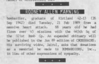 Rodney Allen Manning /Obituary from the Bombardier's Newsletter, 1989