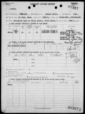 Thumbnail for VMSB-231 > ACA reps nos 118-119 - Dive bombing targets on Wotje Is, Marshalls 7/18/44