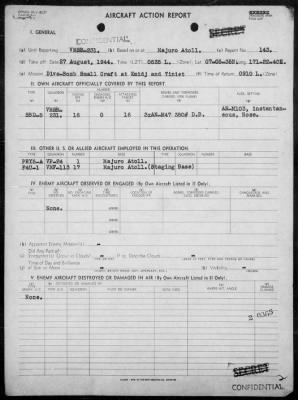 Thumbnail for VMSB-231 > ACA reps nos 143-144 - Dive bombing targets on islands of Jaluit Atoll & on Mille Is, Marshalls 8/27/44