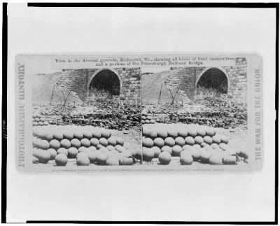 Thumbnail for 1260 - View in the Arsenal grounds, Richmond, Va., showing all kinds of fixed ammunition, and a portion of the Petersburgh (sic) Railroad Bridge