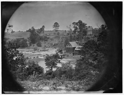 1675 - Jericho Mills, Virginia. Looking up North Anna river from south bank, canvas pontoon bridge and pontoon train on opposite bank, May 24, 1864