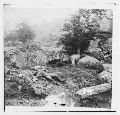 241 - Gettysburg, Pa. Dead Confederate soldiers in the 'slaughter pen' at the foot of Little Round Top