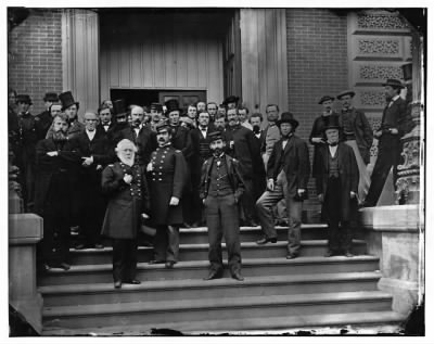 2713 - Washington, D.C. Brig. Gen. Charles Thomas, Assistant Quartermaster General, with Benjamin C. Card and George D. Wise, Division Chiefs, and other staff on steps of Quartermaster General's office, Corcoran's Building, 17th St. and Pennsylvania Ave., NW