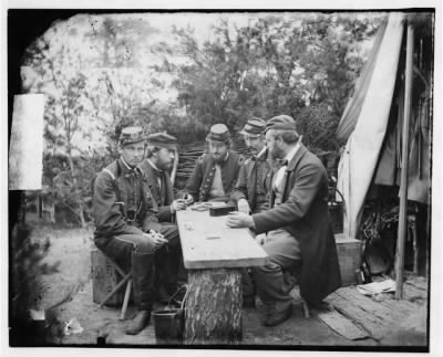 Thumbnail for 5209 - Yorktown, Va., vicinity. Duc de Chartres, Comte de Pairs, Prince de Joinville, and friends playing dominoes at a mess table, Camp Winfield Scott