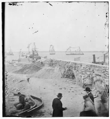 5306 - Charleston, S.C. Federal squadron dressed with flags for the anniversary of Maj. Robert Anderson's surrender (1861) seen from a parapet of Fort Sumter