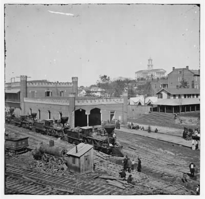 Thumbnail for 5497 - Nashville, Tenn. Railroad yard and depot with locomotives; the Capitol in distance