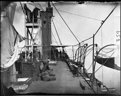 Thumbnail for 5503 - James River, Va. Deck of iron-clad gunboat Galena, showing stack damaged by fire from Fort Darling, May 15, 1862