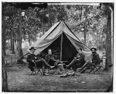 6629 - Brandy Station, Va. Col. George H. Sharpe, John G. Babcock, unidentified, and Lt. Col. John McEntee, Secret Service officers at Army of the Potomac headquarters