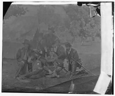 6691 - Westover Landing, Virginia. Officers of 3rd and 4th Pennsylvania Cavalry illustrating the hardships of war