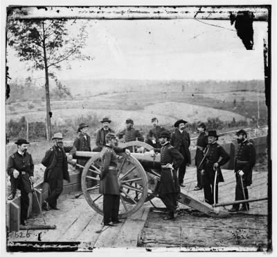 Thumbnail for 6847 - Atlanta, Ga. Gen. William T. Sherman, leaning on breach of gun, and staff at Federal Fort No. 7