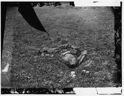 88 - Antietam, Maryland. A Confederate soldier who after being wounded had evidently dragged himself to a little ravine on the hillside where he died
