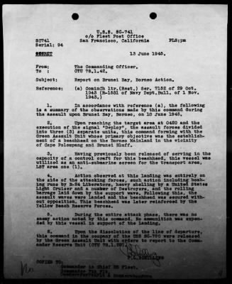 COM LST FLOT 15 > Forwarding action reports on operations in support of the assault landings in the Brunei Bay Area, Borneo, 6/7-12/45