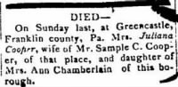 Julian Chamberlain Cooper 1827 Death Notice.JPG