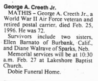 George A CREETH - Obit 1996