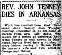 Rev John Tenney 1913 Death in AR.JPG