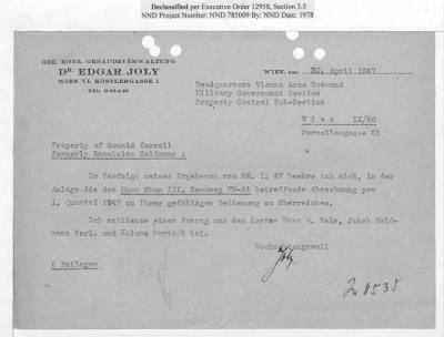 Thumbnail for Cases and Reports Pertaining to Property Administered by the Vienna Area Command (VAC) > PC/V/IX/100 Ronald Caroll (Bronislav Goldman) (January 1947-February 1948)