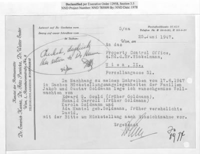 Thumbnail for Cases and Reports Pertaining to Property Administered by the Vienna Area Command (VAC) > PC/V/IX/100 Ronald Caroll (Bronislav Goldman) (January 1947-February 1948)