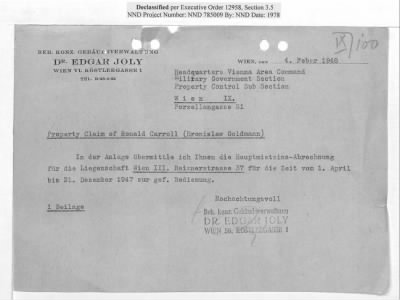 Cases and Reports Pertaining to Property Administered by the Vienna Area Command (VAC) > PC/V/IX/100 Ronald Caroll (Bronislav Goldman) (January 1947-February 1948)