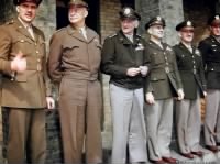 Generals Anton; Eisenhower; Carl_Spaatz; Jimmy Doolittle, CO 8th Air Force; Gen. William Kepner, CO, 8th AF Fighter Command, Col. Don Blakeslee. Debden, April 1944.JPG