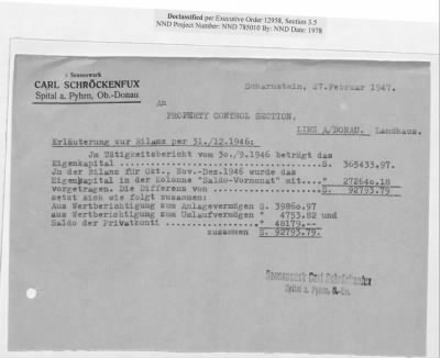 Thumbnail for Claims and Restitution Reports on Property Administered by the Military Government in Upper Austria > Sensenwerk Carl Schröckenfux OHG: Monthly Reports