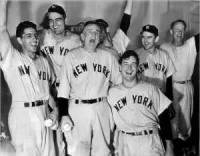 Phil Rizzuto, Cliff Mapes, Casey Stengel, Charlie Silvera (background), Joe Page (foreground), Gus Niarhos and Fred Sanford .JPG