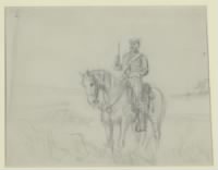 His pistol drawn, a Union cavakryman sits on his horse while scouting in Virginia during the Civil War.jpg