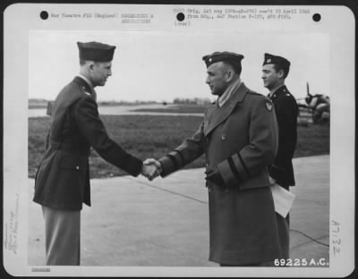 Awards > Colonel Glenn E. Duncan Of The 353Rd Fighter Group Is Congratulated By Brig. Gen. Murray C. Woodbury After Receiving An Award.  Station F-366 In England, 23 March 1944.