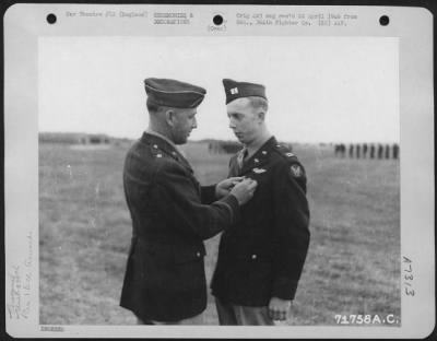 Thumbnail for Awards > Captain Eisenhart Of The 339Th Fighter Group Is Presented An Award By Brig. General Murray C. Woodbury At An 8Th Air Force Station F-378 In England.  22 July 1944.