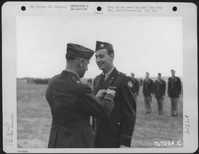 Thumbnail for Awards > Captain Reed Of The 339Th Fighter Group Is Presented An Award By Brig. General Murray C. Woodbury At An 8Th Air Force Station F-378 In England.  22 July 1944.