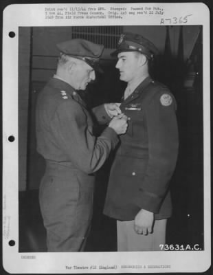 Awards > 1St L. Mahlen A. Hillebrand, Faribault, Minn., Of The U.S. 8Th Air Force, Is Presented The Distinguished Service Cross By Lt. General Carl A. Spaatz, Commanding General Of The U.S. Strategic Air Forces In Europe.  The Distinguished Service Cross Was Awrde