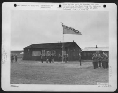 Thumbnail for Dedications > The Royal Air Force Flag Lowered And 'Old Glory' Raised To Fly In Its Place After The British Had Turned Alconbury Airfield Over To The 92Nd Bomb Group.  England 20 June 1943.