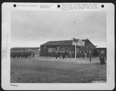 Thumbnail for Dedications > The Royal Air Force Flag Lowered And 'Old Glory' Raised To Fly In Its Place After The British Had Turned Alconbury Airfield Over To The 92Nd Bomb Group.  England 20 June 1943.