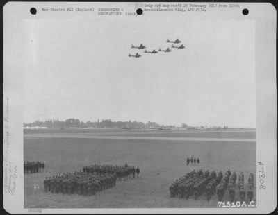 Thumbnail for Inspections & Reviews > 379Th Bomb Group Pays Tribute To Colonel Short.  Here Boeing B-17 "Flying Fortresses"Fly Over A Formation Of Men Standing At Attention At An 8Th Air Force Base In England.  1 June 1944.