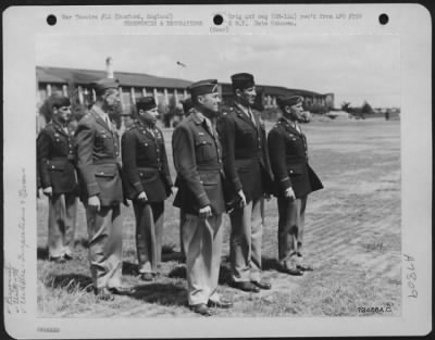 Inspections & Reviews > Brig. Gen. Eugene L. Eubank (Front Row, Left) And Brig. Gen. Murray C. Woodbury (Front Row, Right) Stands With Other High-Ranking Officers While On An Inspection Tour Of The 78Th Fighter Group At 8Th Air Force Station F-357 In Duxford, England.  7 June 19