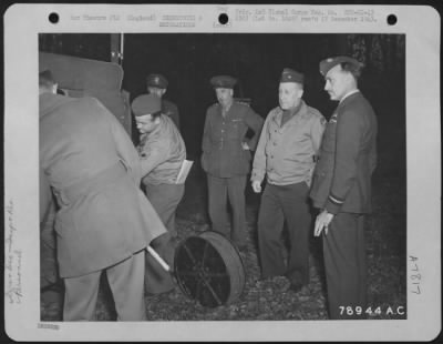 Thumbnail for Inspections & Reviews > Air Commodore A. B. Cox, Raf, Brig. General R.C. Candee, Usaf, And Cpat. Chester Of The British Army Corps Inspect A Mobile Radio And Field Telephone Unit On A Jeep At Sunninghill Park, Ascot, England.  26 March 1943.