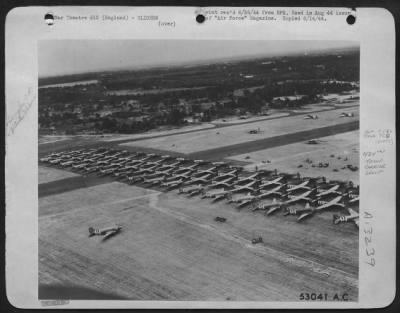 General > An Anglo-American combination that struck the Hun a devastating blow on D-Day is pictured here. Tow planes of a 9th Troop Carrier Command Group that spearheaded the glider assault on France are marshalled alongside British Horsa gliders ready