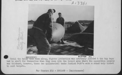 Thumbnail for General > Until the belly tank came along, fighter protection was extremely limited & the big boys had to shift for themselves when they came into the target area where the opposition usually was thickest, however, these two cylinderical tanks furnish P-38's