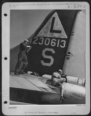 Thumbnail for General > If her ground crew had waited until the flak-punctured vertical stabilizer had been repaired, it might have been days instead of hours that it was grounded. Replacement with stabilizer from an old-styled battle painted hangar queen (note contrast of