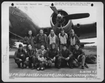 Thumbnail for General > Lead Crew On Bombing Mission To Cambray/Pinoy, France, Beside A Boeing B-17, "Flying Fortress" "Princess Pat".  303Rd Bomb Group.   England, 12 June 1944.