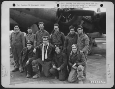 General > Back From The 11-Hour Haul To Marienburg, Germany On 11 April 1944, 1St Lt. Boudinot Stimson And His Crew Of The 614Th Bomb Squadron, 401St Bomb Group, Pose Beside Their Boeing B-17 Flying Fortress, England.  They Are (Front Row) Left To Right; 1St Lt. Ja