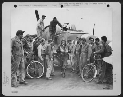 General > Lt. Colonel Francis S. Gabreski, Just Returning From Another Flight Over Enemy Territory In His Republic P-47 'Thunderbolt', Is Greeted By Swarms Of Faithful Ground Crewmen Who Are Eager To Learn The Details Of His Latest Exploit.  On The Wing, Left To Ri